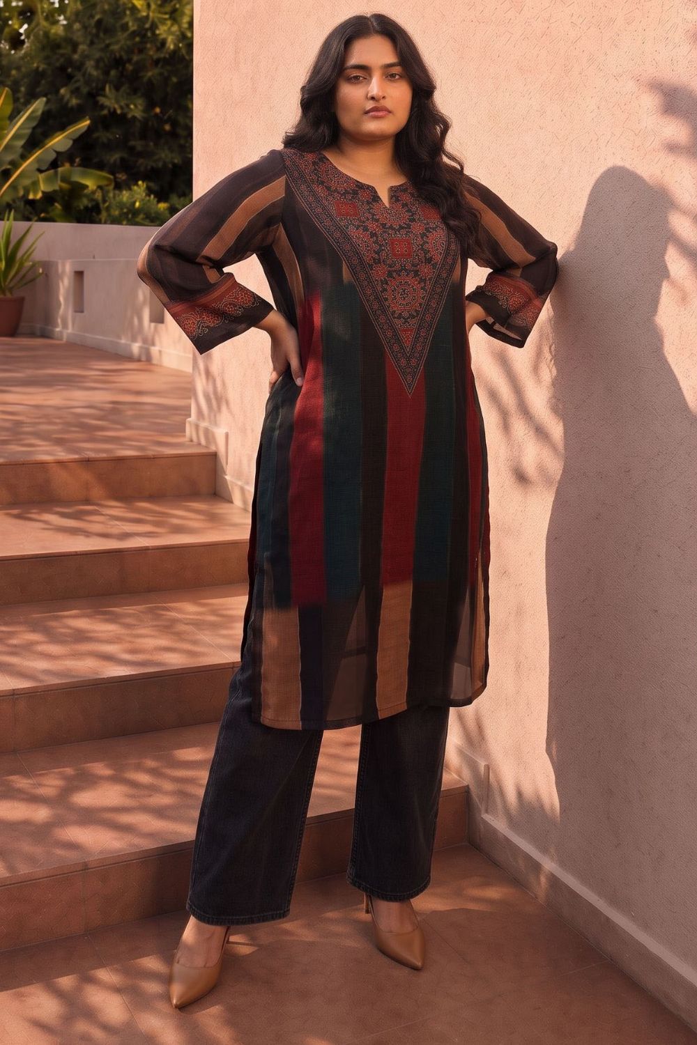 Buy Plus Size Striped Printed Straight Georgette Kurta