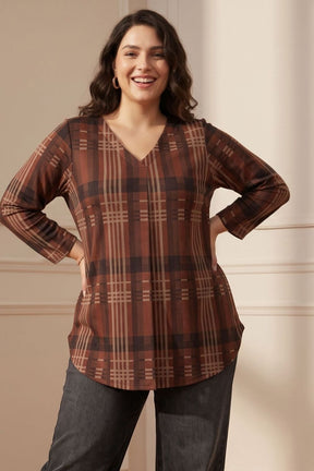 Plus Size Brown Checkered Print SnugWeave Winter Top
