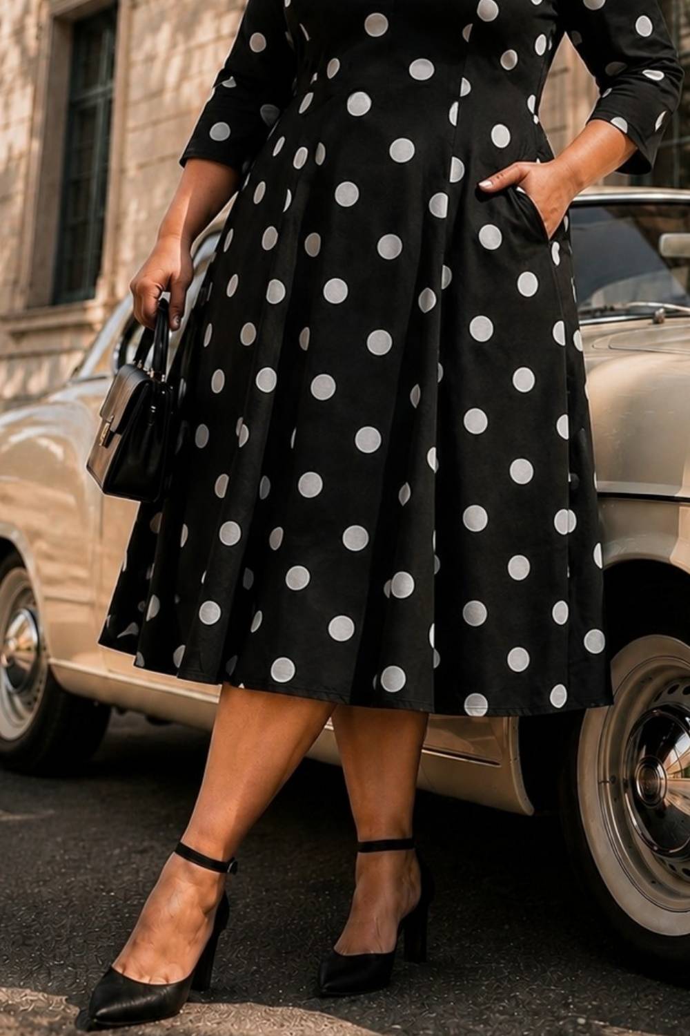 Plus Size Black Polka Print Rayon Midi Dress