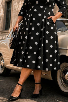 Plus Size Black Polka Print Rayon Midi Dress