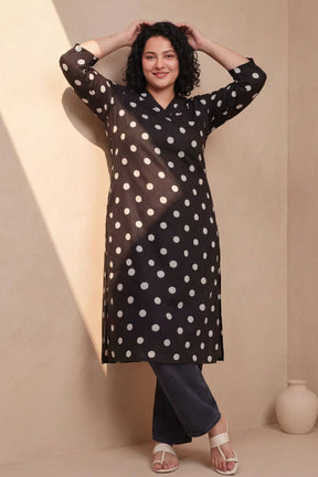 Plus Size Black Polka Print Rayon V Neck Kurta