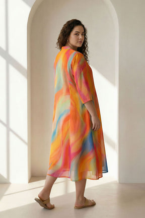 Plus Size Multicolor Abstract Print Cotton Midi Dress