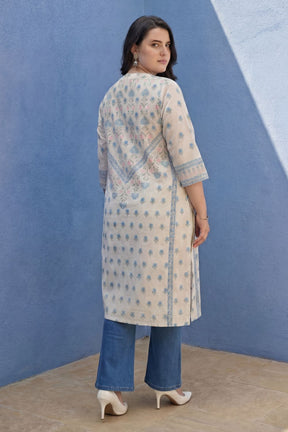Plus Size Cream Mughal Floral Cotton V-Neck Kurta