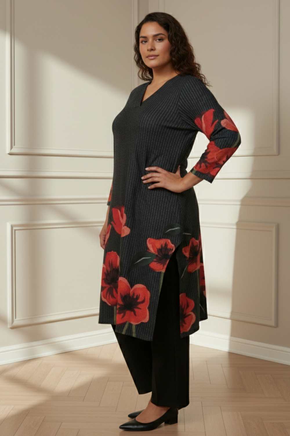 Plus Size Black Floral Borders SnugWeave™ Winter Kurta