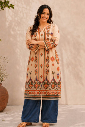 Plus Size Beige Ethnic Border Print cotton Kurti