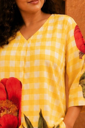 Plus Size Yellow Gingham Floral Print Top