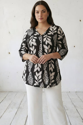 Plus Size Black White Leaf Print V Neck  Top