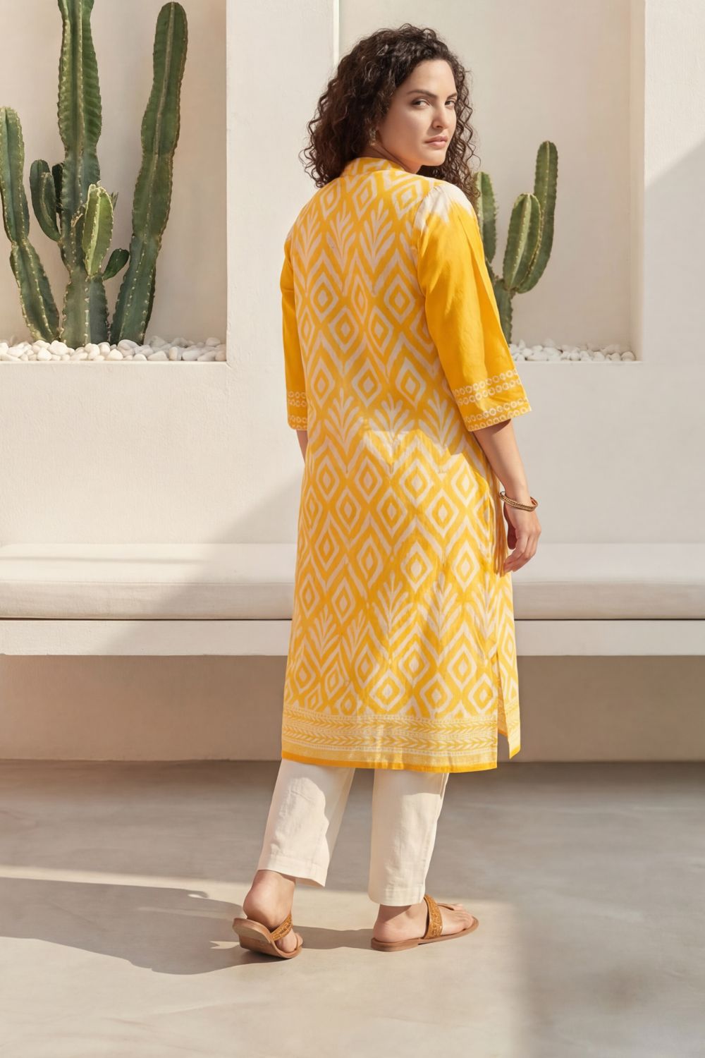 Plus Size Yellow Ikat Print Cotton V-Neck Kurta