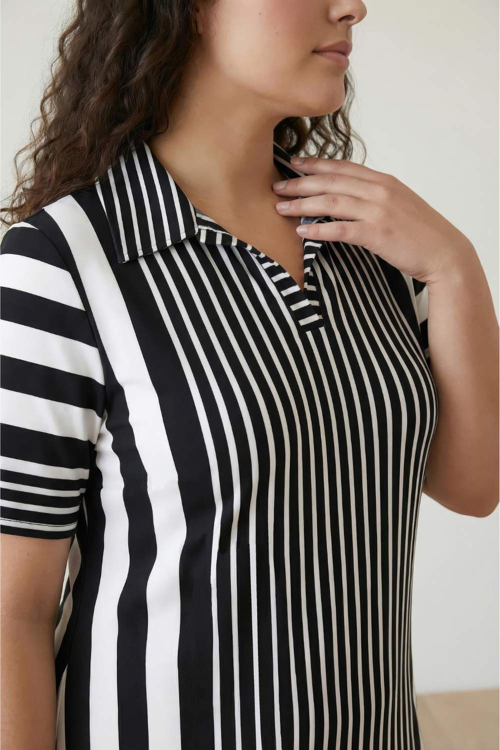 Black White Stripe Printed Polo Dress for Women