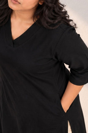 Plus Size SoftEase V Neck Black Cotton Kurta