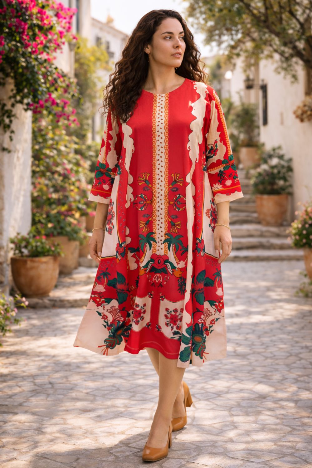 Plus Size Red Floral Printed A-Line Dress