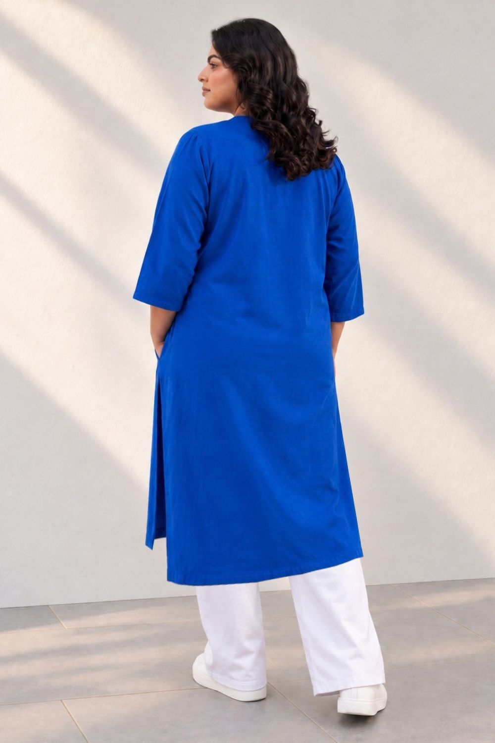 Plus Size SoftEase V Neck Blue Cotton Kurta