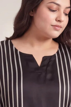Plus Size Black Geometric Stripe Print Satin Georgette Kurta