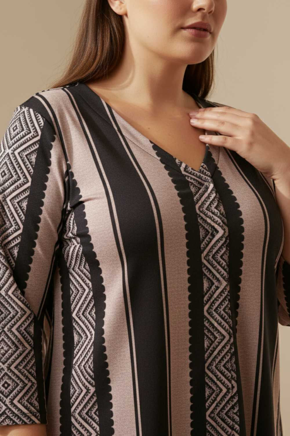 Comfortable Plus Size Black Beige Stripe SnugWeave™ Winter Top