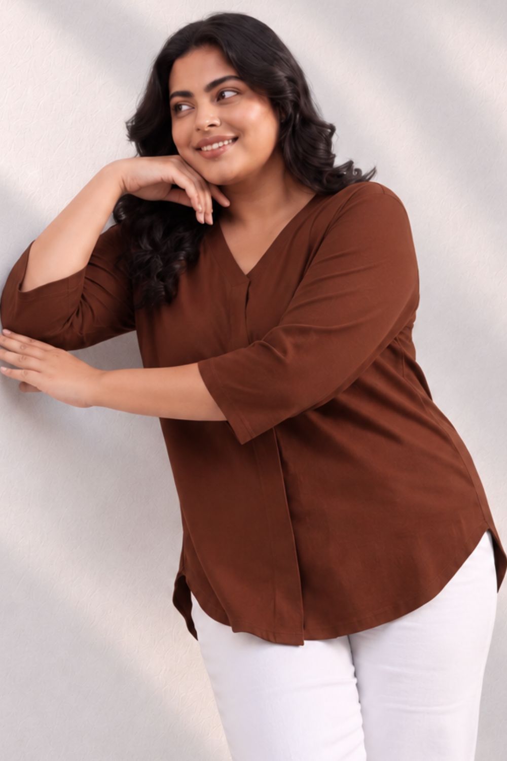 Plus Size SoftEase V Neck Brown Cotton Top