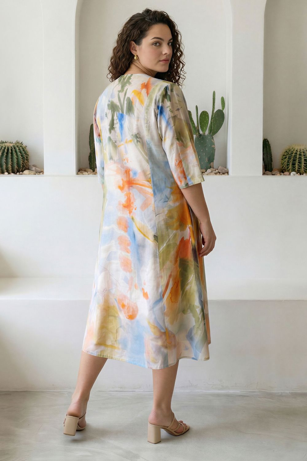 Plus Size Pastel Abstract Print Cotton Midi Dress