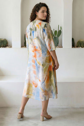 Plus Size Pastel Abstract Print Cotton Midi Dress