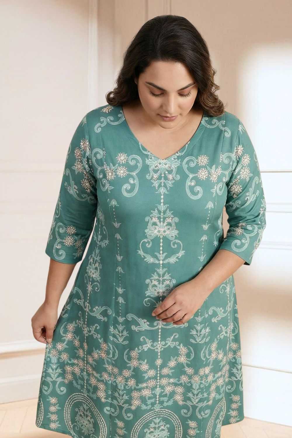 Plus Size Plus Size Green Ethnic Print A line Dress