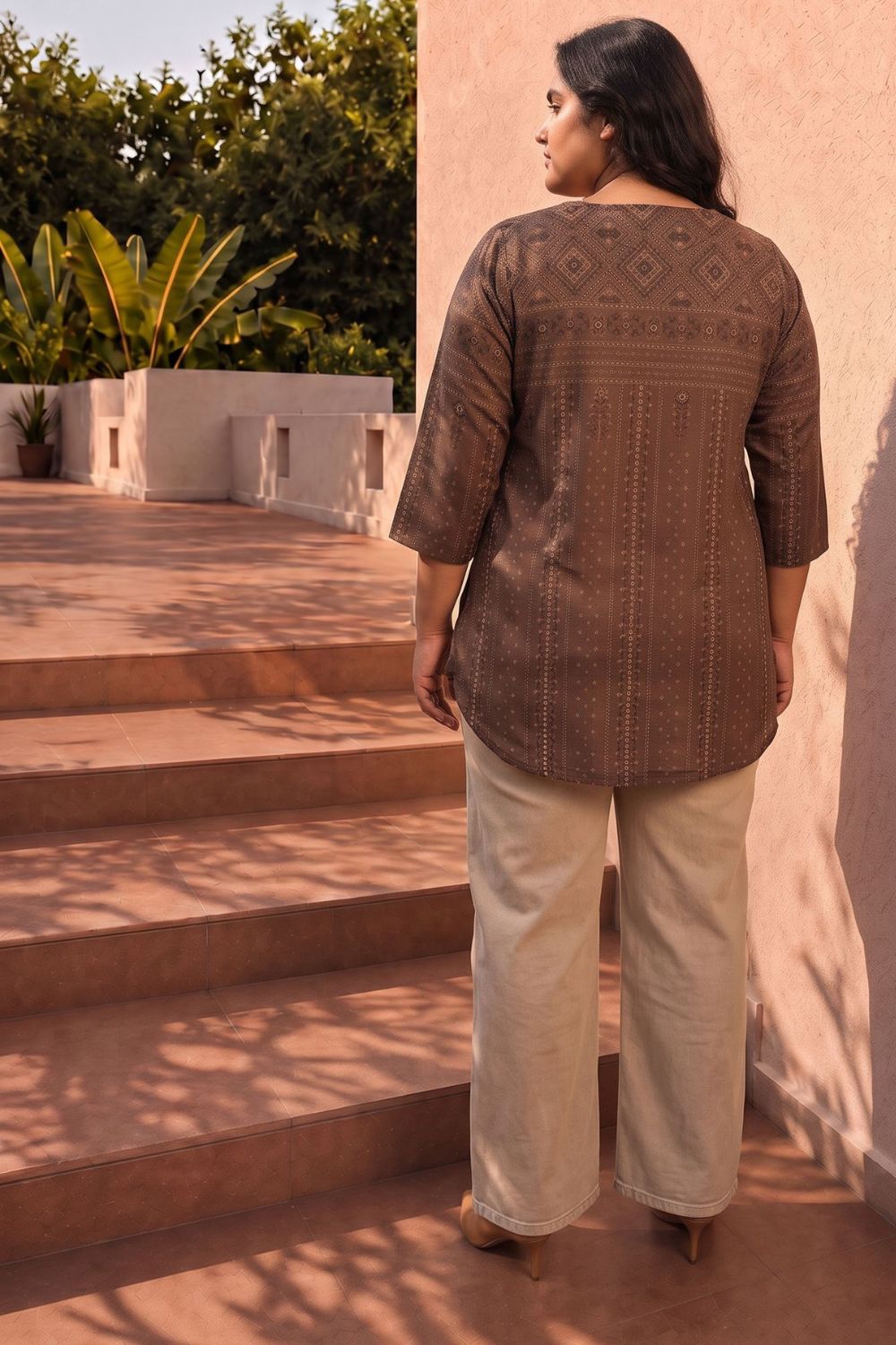 Plus Size Brown Print Top