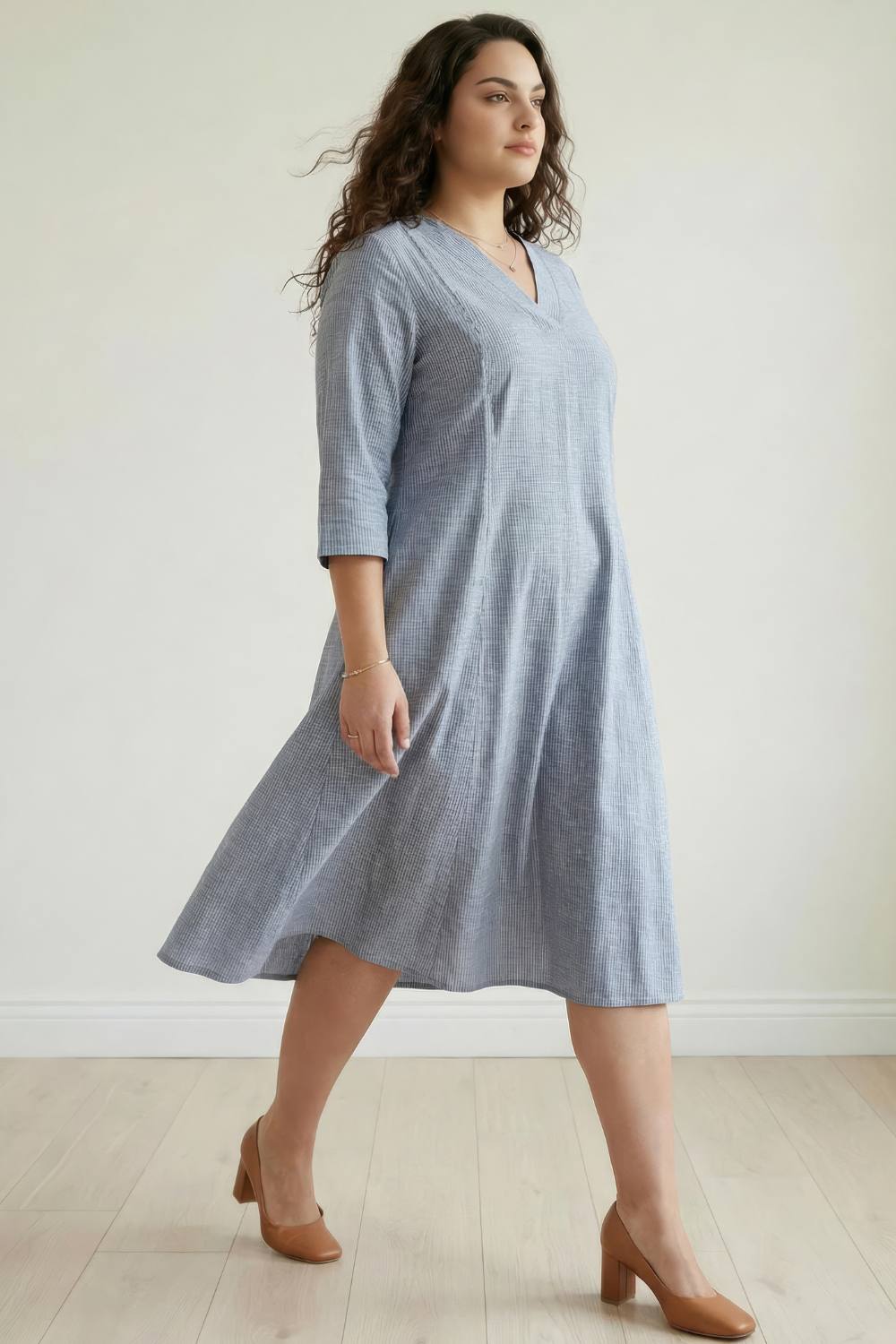 Buy Plus Size Blue Chambray Pinstripe Midi Dress