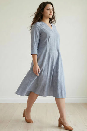 Plus Size Blue Chambray Pinstripe Midi Dress