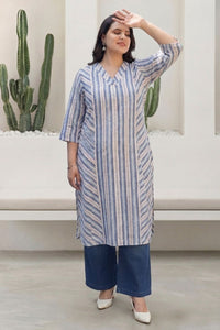 Plus Size Blue & Beige Striped Cotton V-Neck Kurta