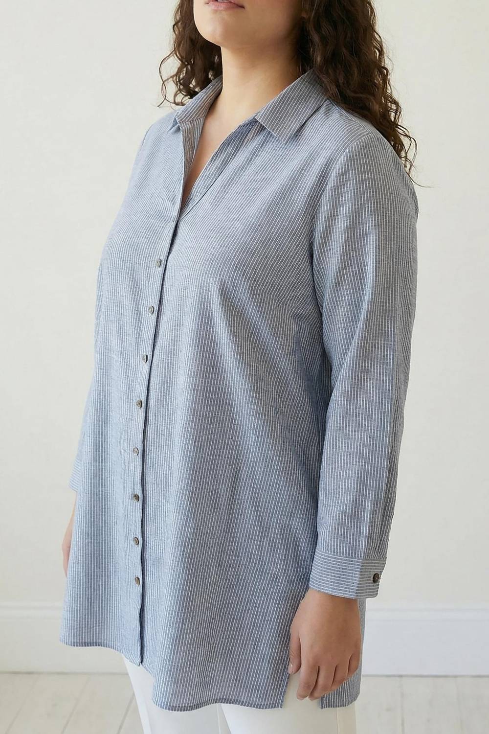 Plus Size Blue Chambray Pinstripe High Slit Longline Shirt