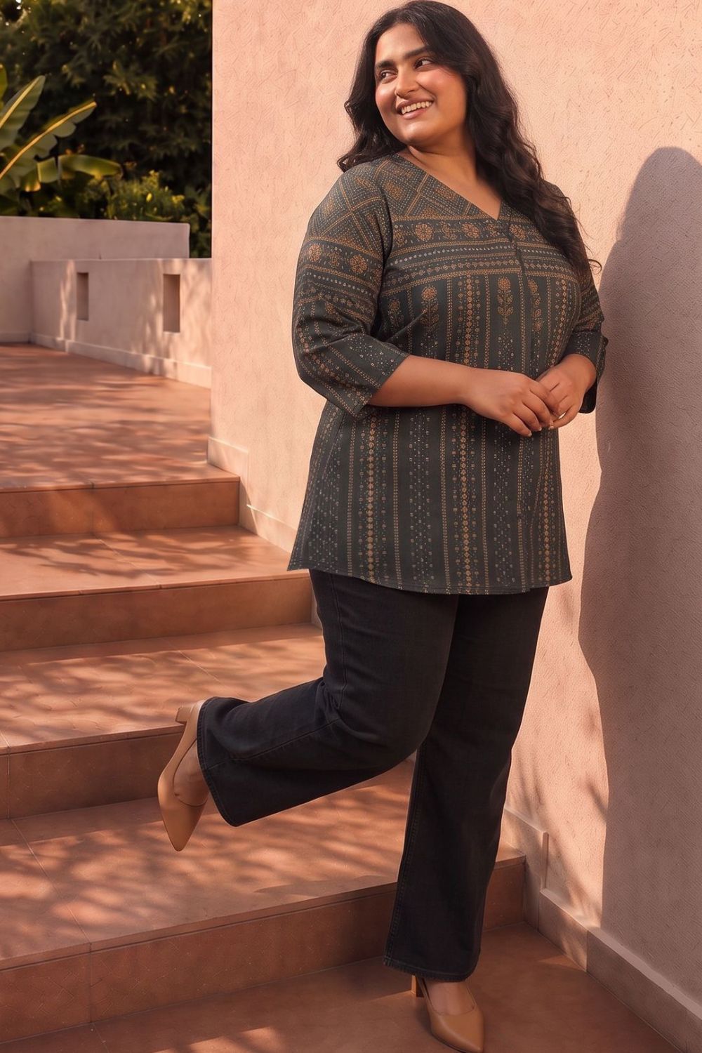 Comfortable Plus Size Charcoal Green Printed Top