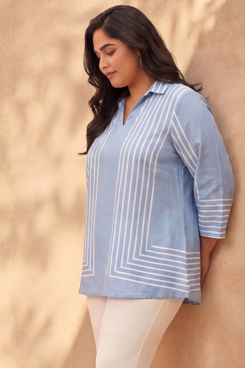 Comfortable Plus Size Blue Stripe Printed Cotton Top