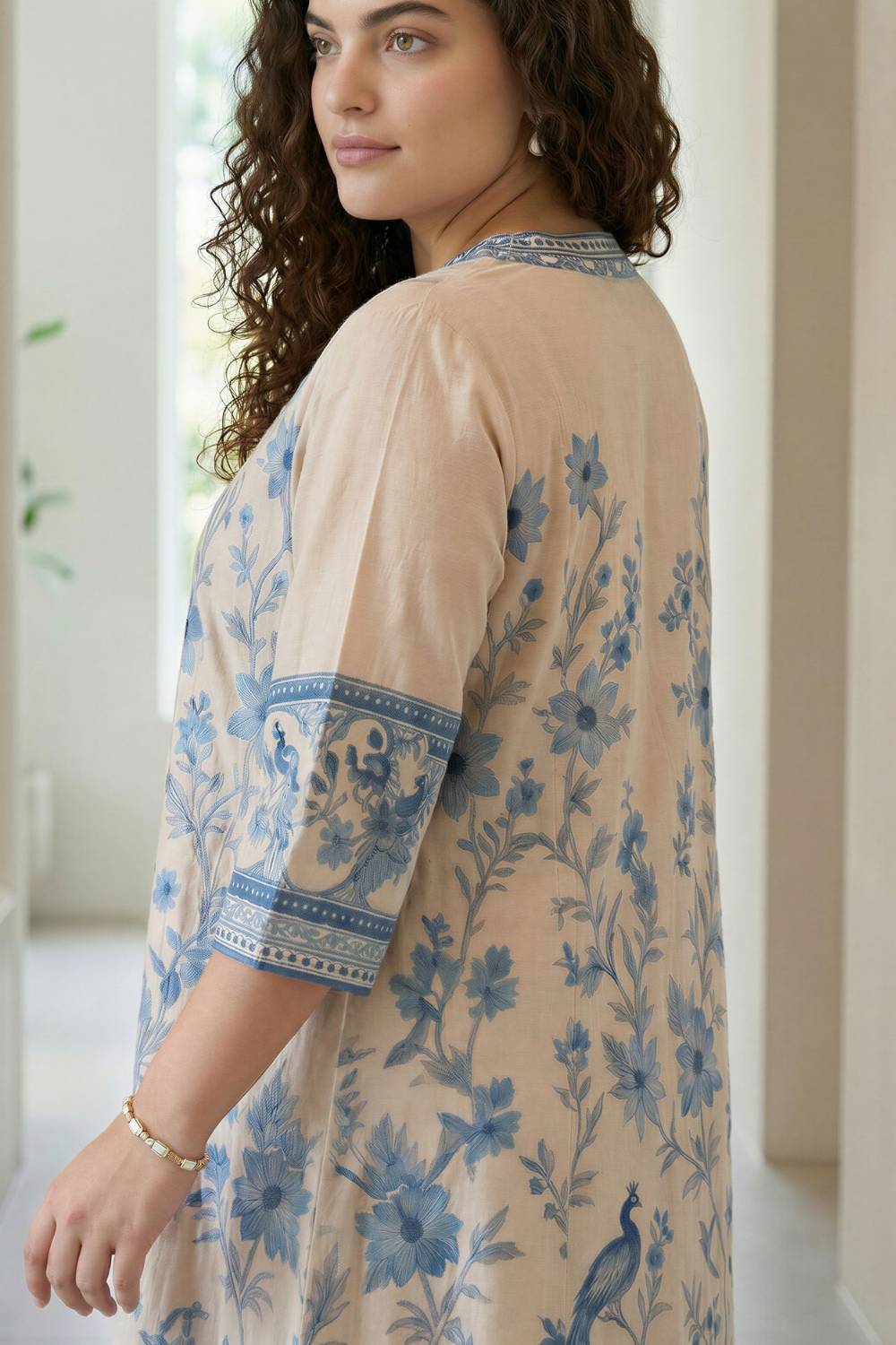 Plus Size Beige Ethnic Floral Print Cotton Midi Dress