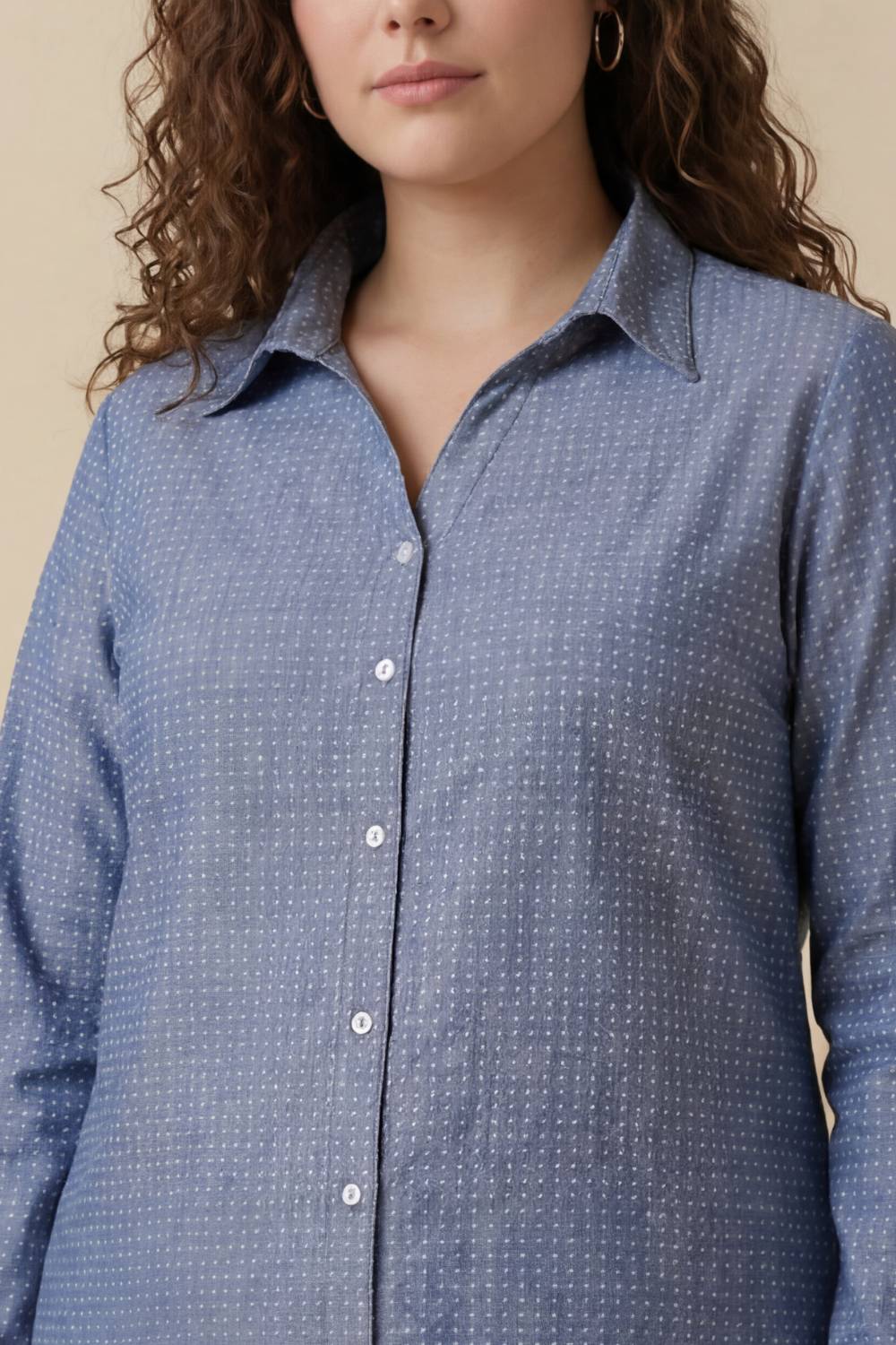 Plus Size Mid Blue Cross Weave Denim Cotton Shirt