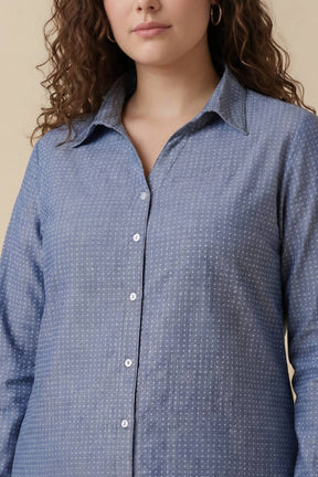 Plus Size Mid Blue Cross Weave Denim Cotton Shirt