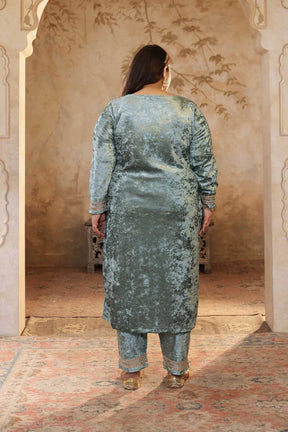 Plus Size Sea Green Printed Velvet V Neck Suit Set