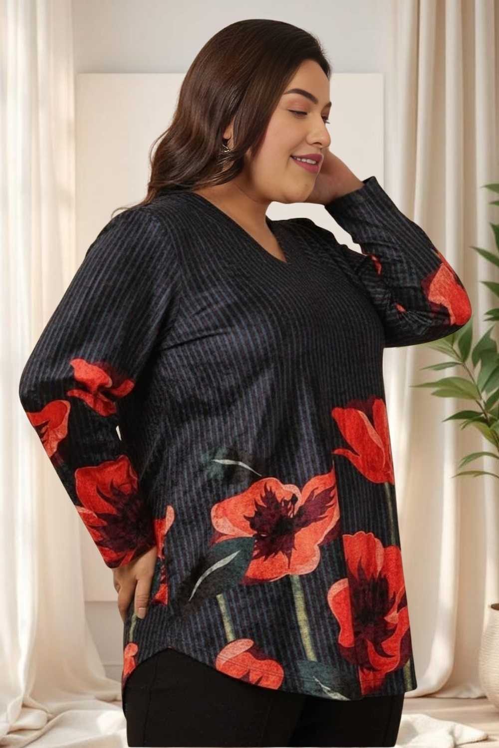 Comfortable Plus Size Black Floral Borders SnugWeave™ Winter Top