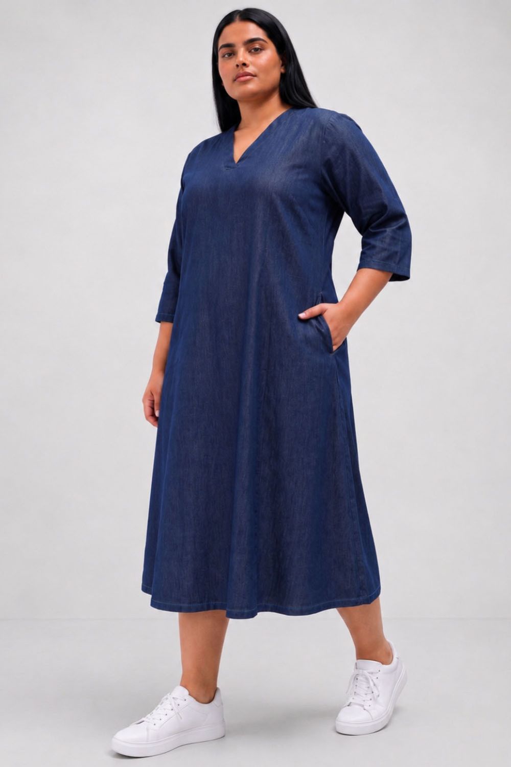 Buy Plus Size Indigo Blue Denim Cotton A-Line Dress