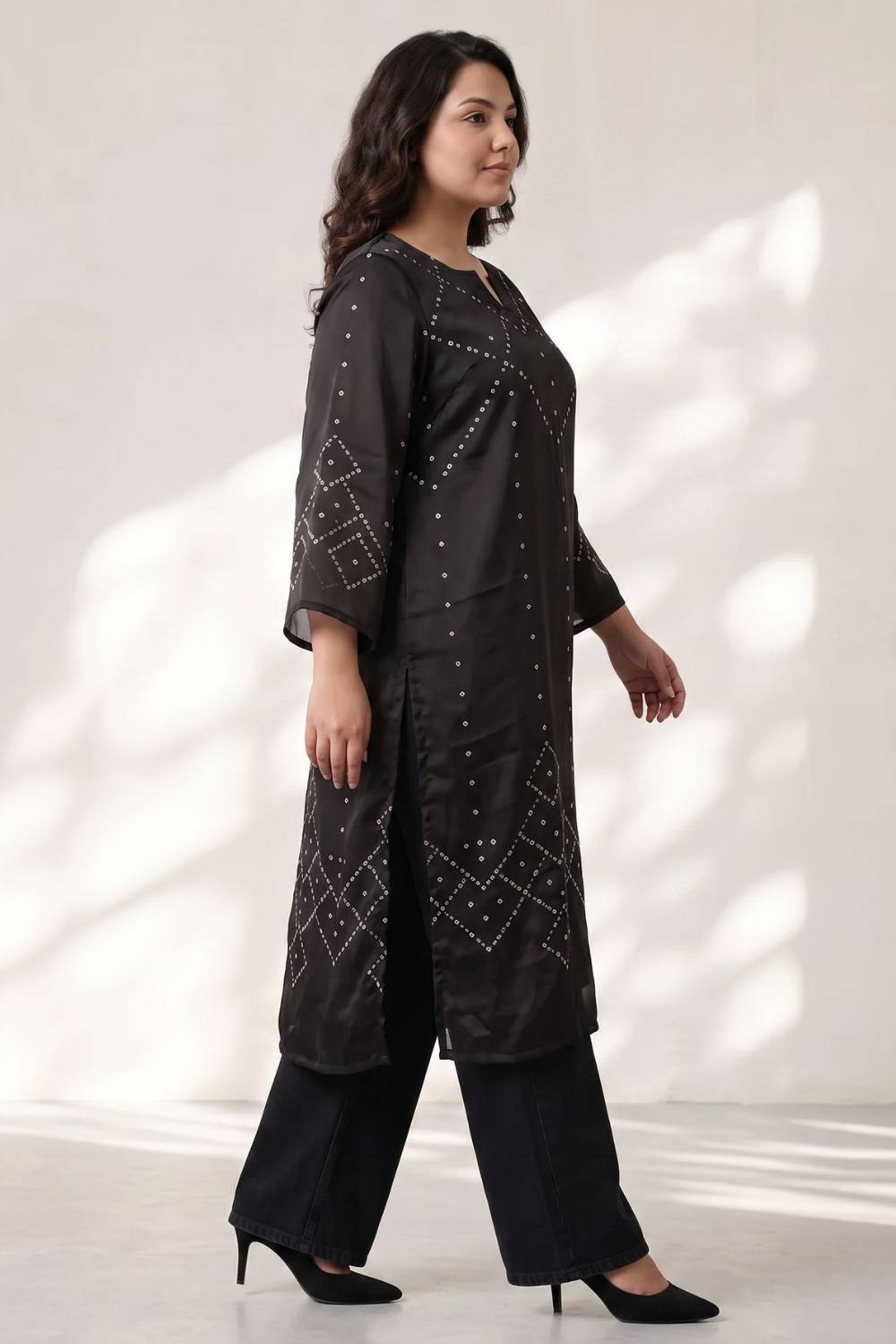 Plus Size Black Bandhej Print Satin Georgette Kurta