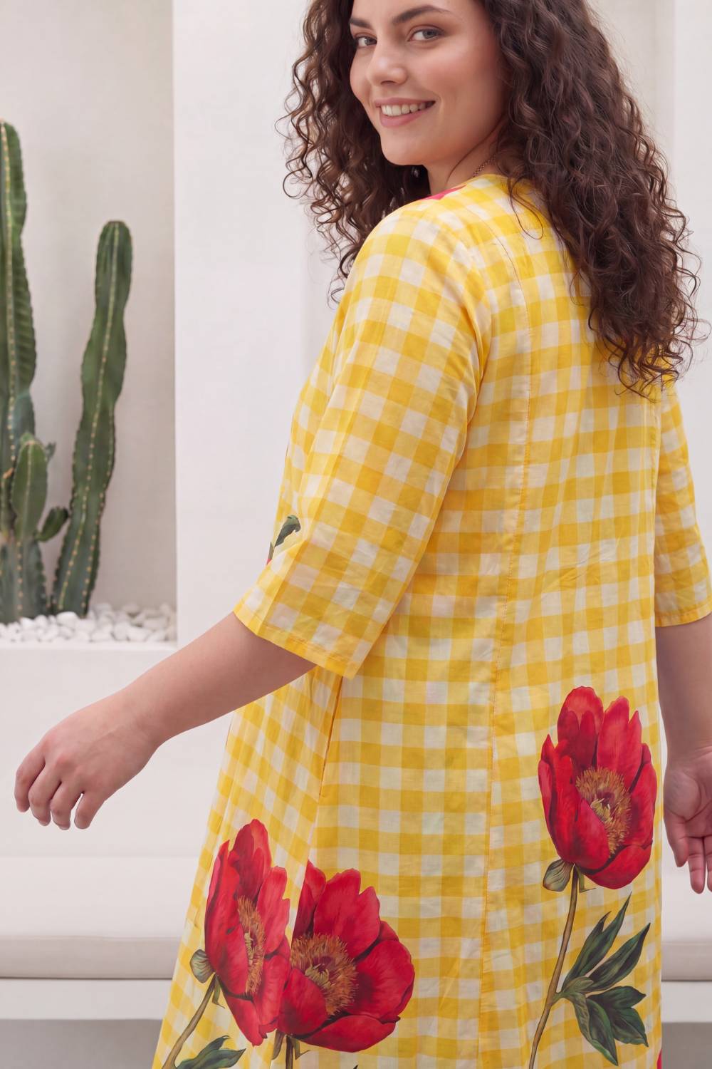 Yellow Gingham Floral Plus Size Midi Dress