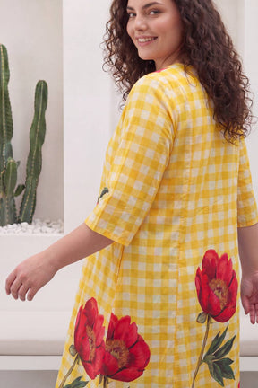 Yellow Gingham Floral Plus Size Midi Dress