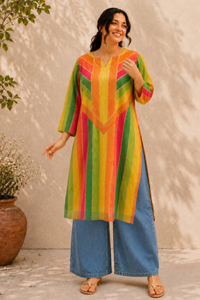Plus Size Multicolor Abstract Print Cotton Kurti