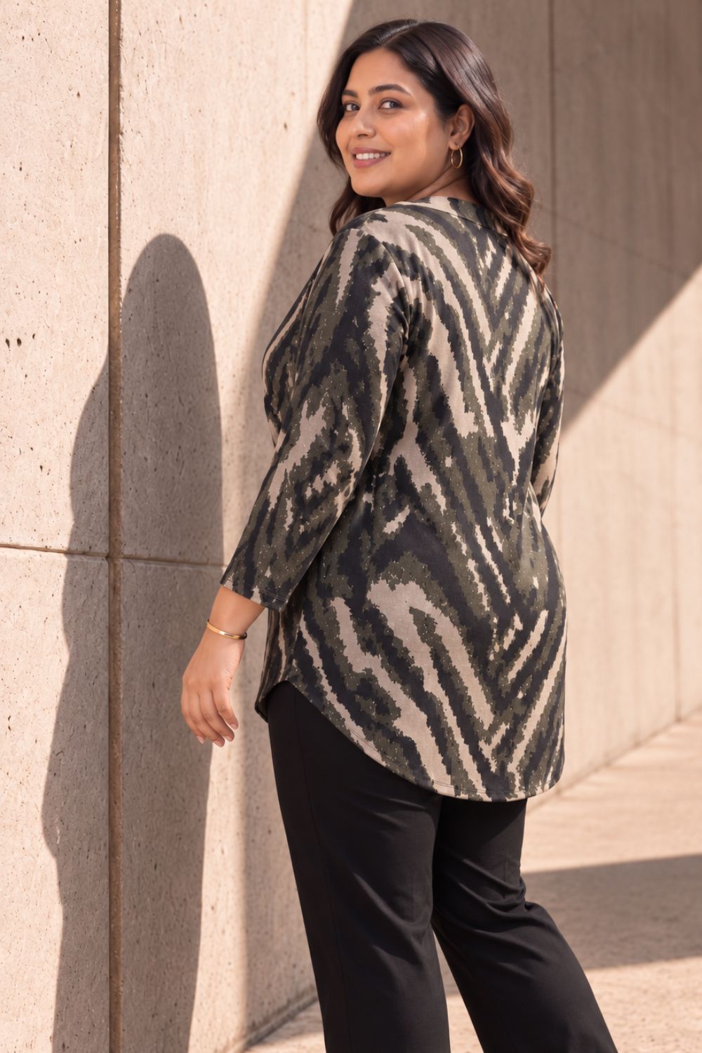 Plus Size Black & Beige Abstract V Neck  SnugWeave Winter Top for Women