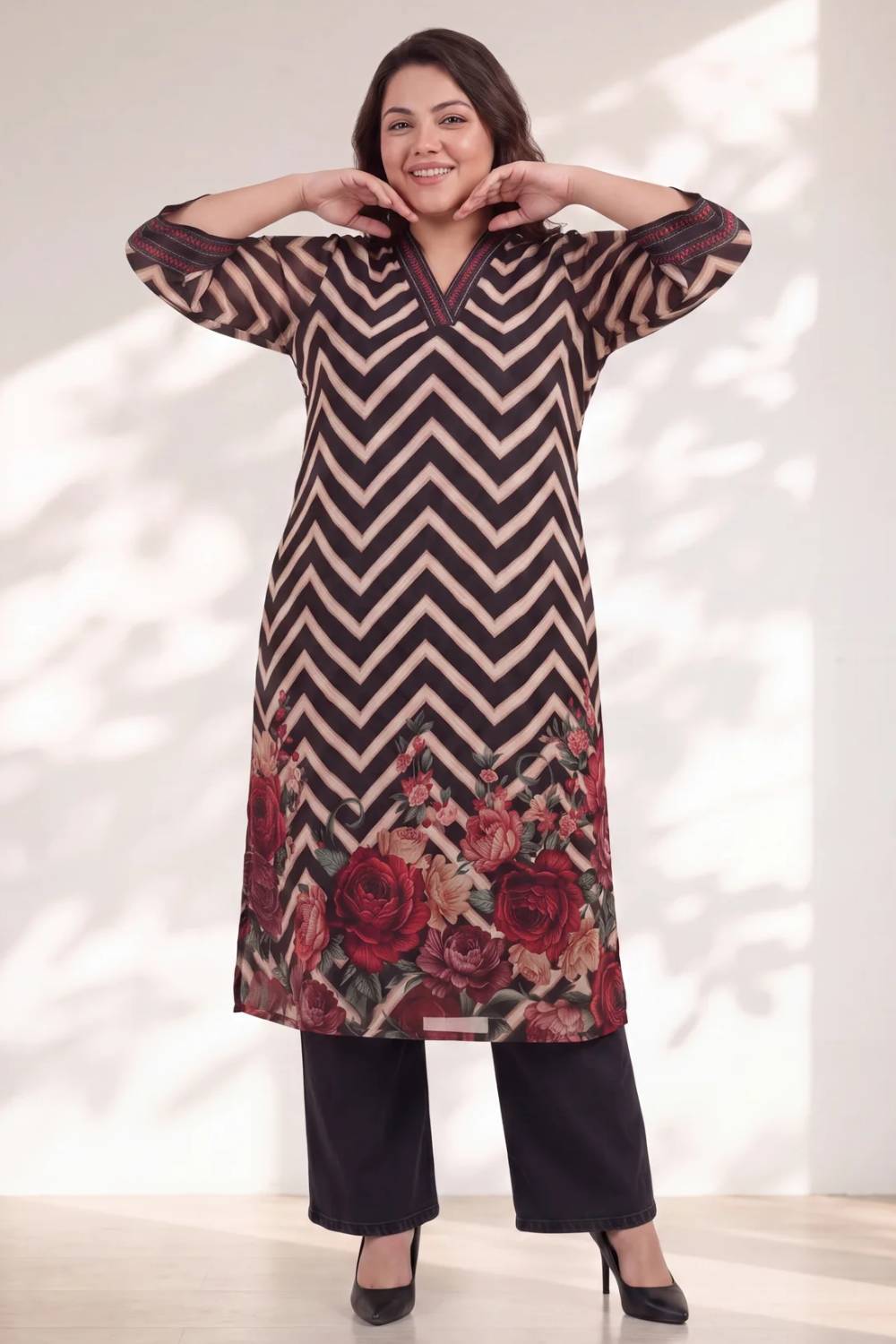 Plus Size Black Rose Chevron Print Kurta Satin Georgette Kurta