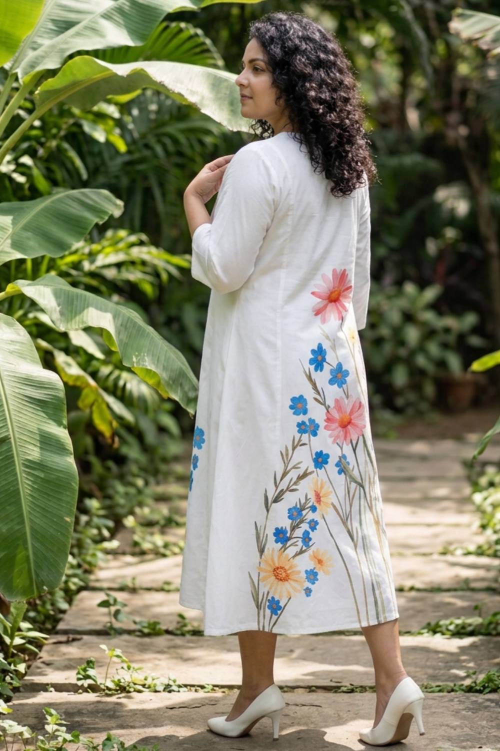 Plus Size White Floral Printed A-Line Midi Dress