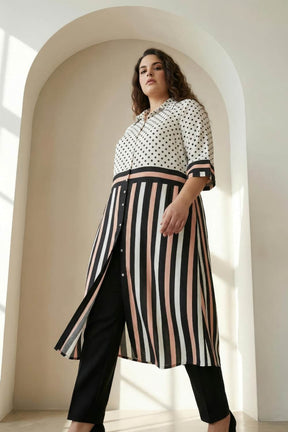Black Luxe Polka Stripes Kurta Cum Shrug
