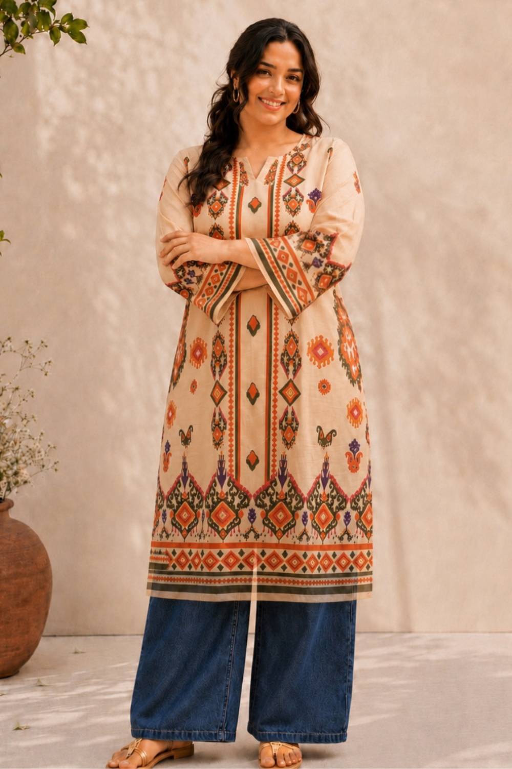 Plus Size Beige Ethnic Border Print cotton Kurta