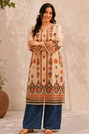 Plus Size Beige Ethnic Border Print cotton Kurta