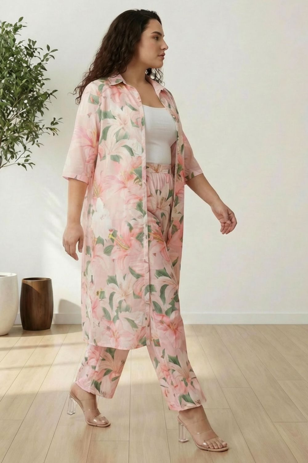 Plus Size Light Pink Floral Printed Coord Set