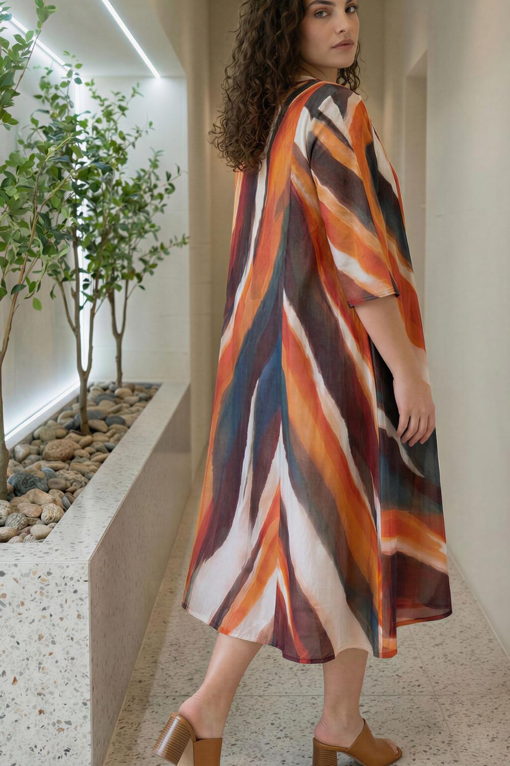 Plus Size Bold Multicolor Abstract Stripe Print Cotton Midi Dress