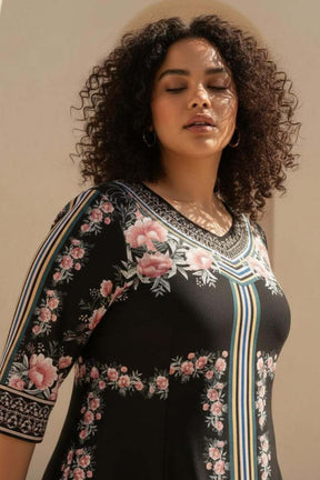 Plus Size Black Floral Printed A Line Dress