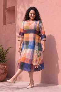 Plus Size Floral Check Printed A-Line Midi Dress