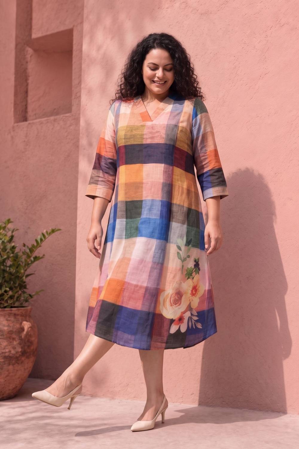 Plus Size Floral Check Printed A-Line Midi Dress